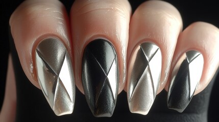 Close-up of elegant nails with geometric black and silver design.