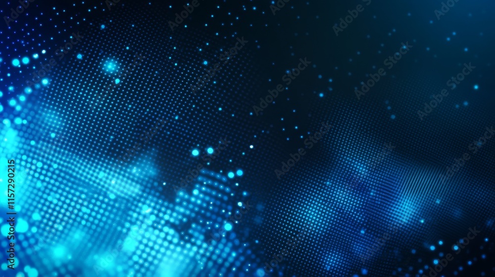 Poster bright blue digital background with glowing particles and dots creating an intricate pattern reminis