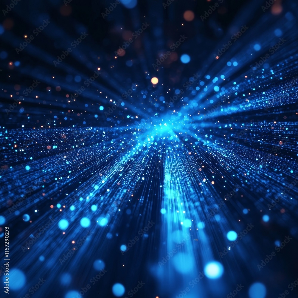 Poster radiant particles move through a vibrant blue background, creating a mesmerizing display of light an