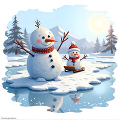 Fototapeta premium Joyful snowmen enjoying a sunny winter day on the ice, digital illustration of seasonal landscape concept.