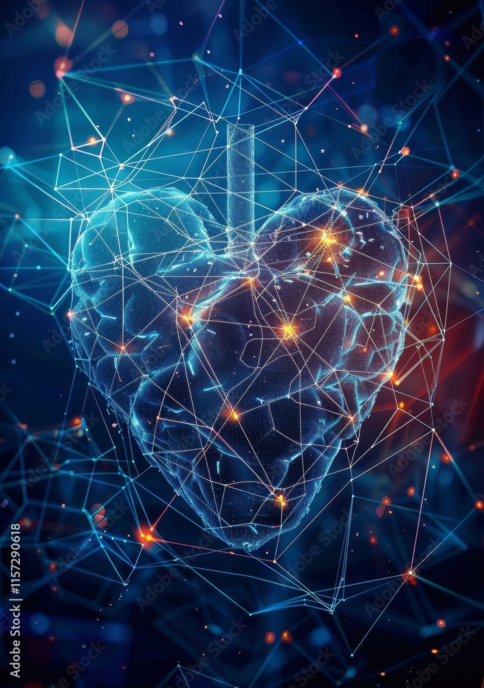 Aufkleber Digital Heart Representing Connection Between Technology and Emotions With Illuminated Nodes and Interconnected Lines in a Dark, Cosmic Setting