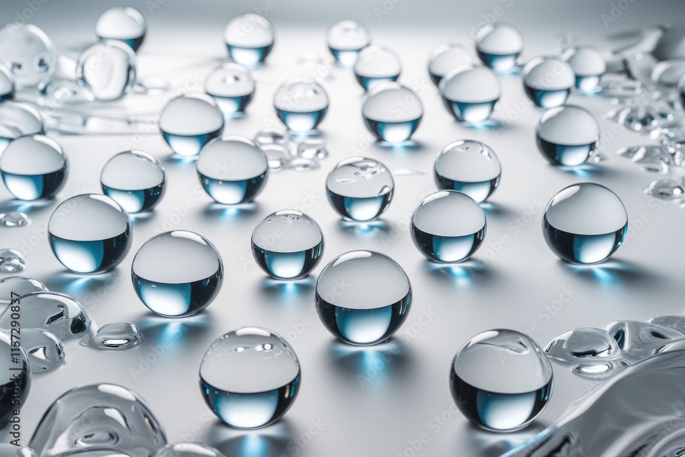 Poster Numerous transparent spheres arranged on a reflective surface, creating a captivating visual display of light and form.