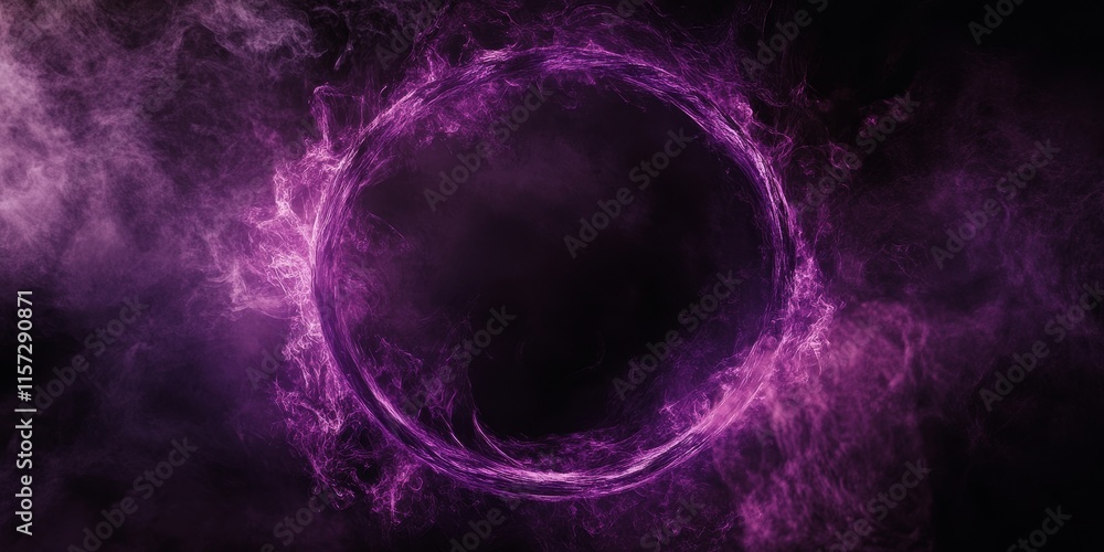 Poster swirling purple smoke forms a mystical circle in a dark background, creating an ethereal atmosphere 