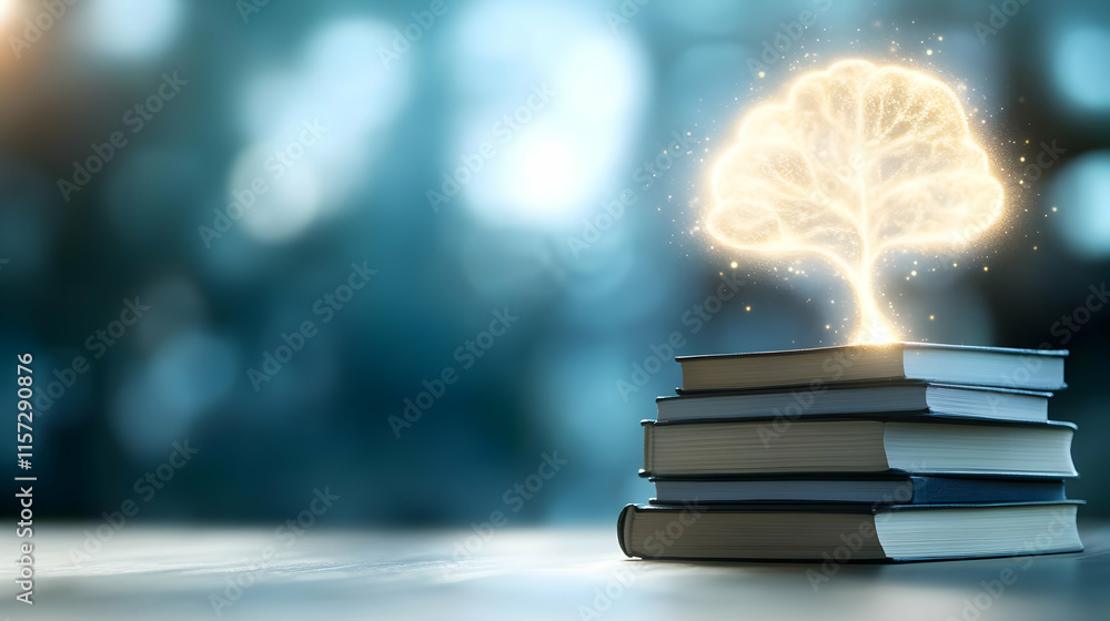 Poster glowing tree of knowledge growing from a stack of books on a wooden surface against a bokeh backgrou