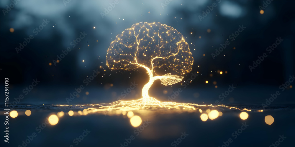 Poster glowing tree of light with bokeh effect in dark background.