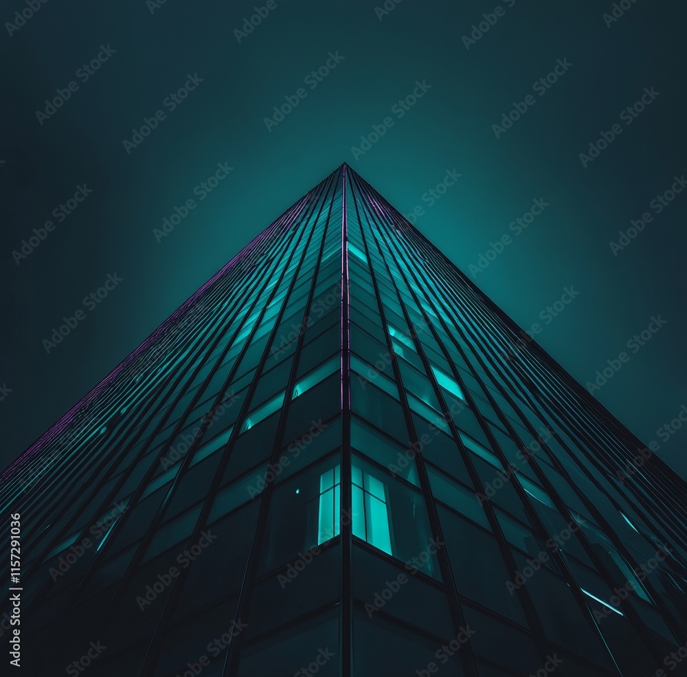 Aufkleber building reaches for the sky with illuminated windows highlighting its modern design against a dark 