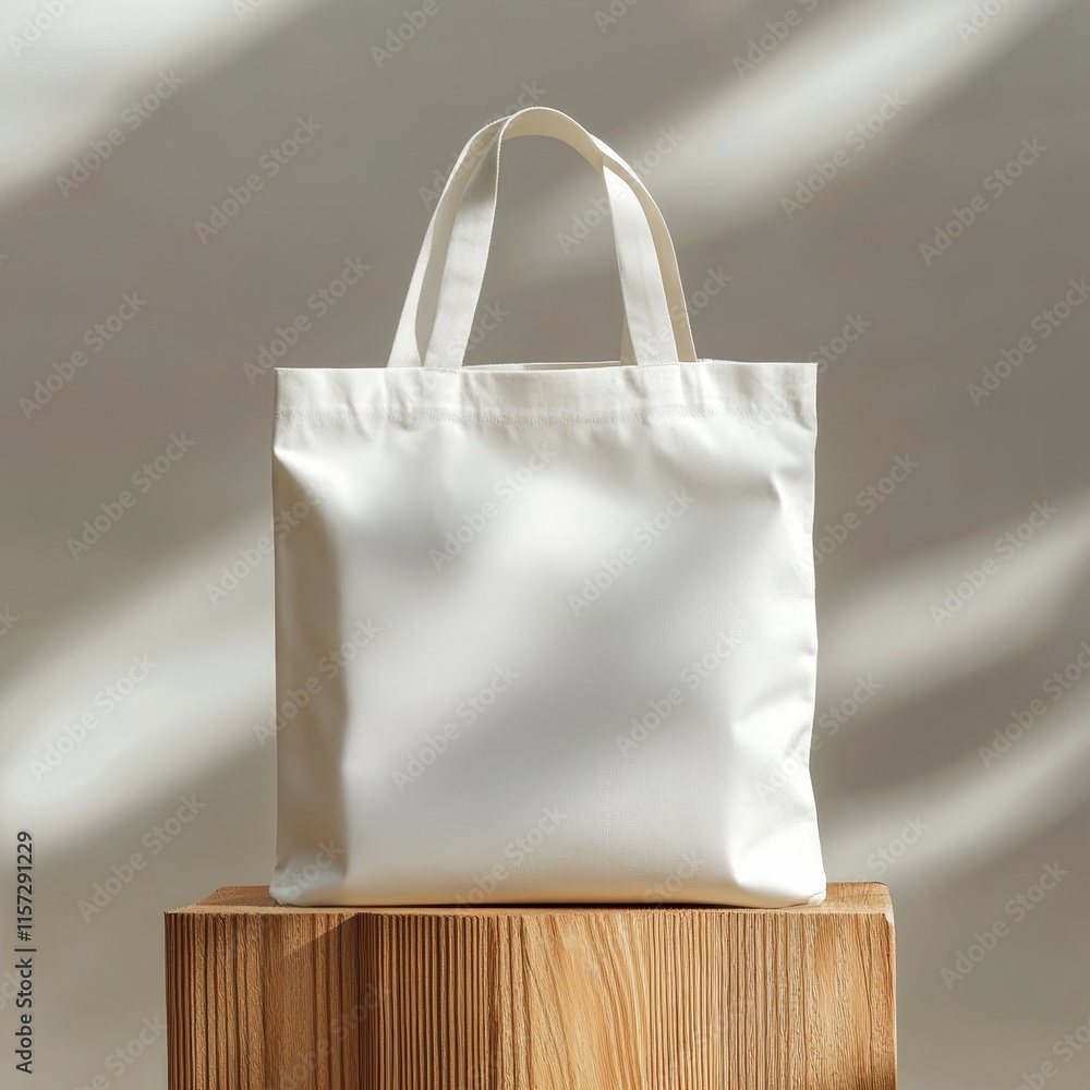 Poster stylish white tote bag displayed on a wooden surface with soft shadows in a minimalist setting perfe
