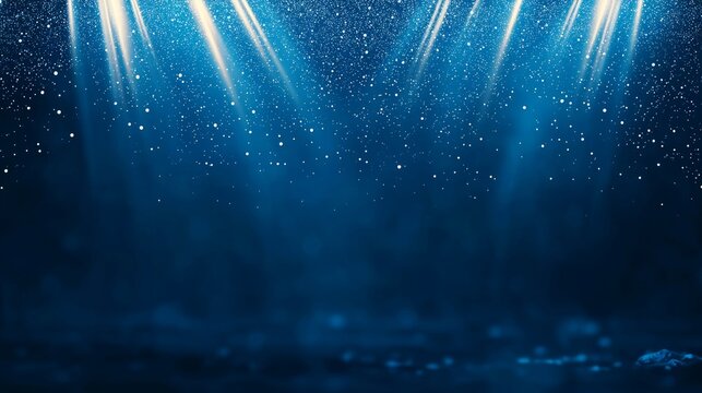 A dark blue digital background with sparkling blue light particles and deep depths, where particles align into lines, surfaces, and grids.