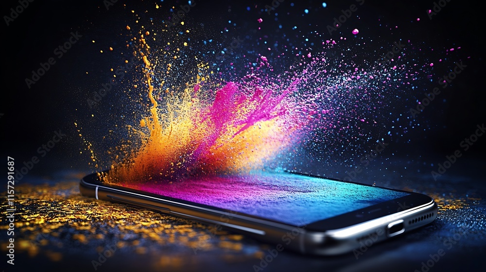 Aufkleber dynamic burst of colorful powder hitting smartphone screen in captivating art style : generative ai