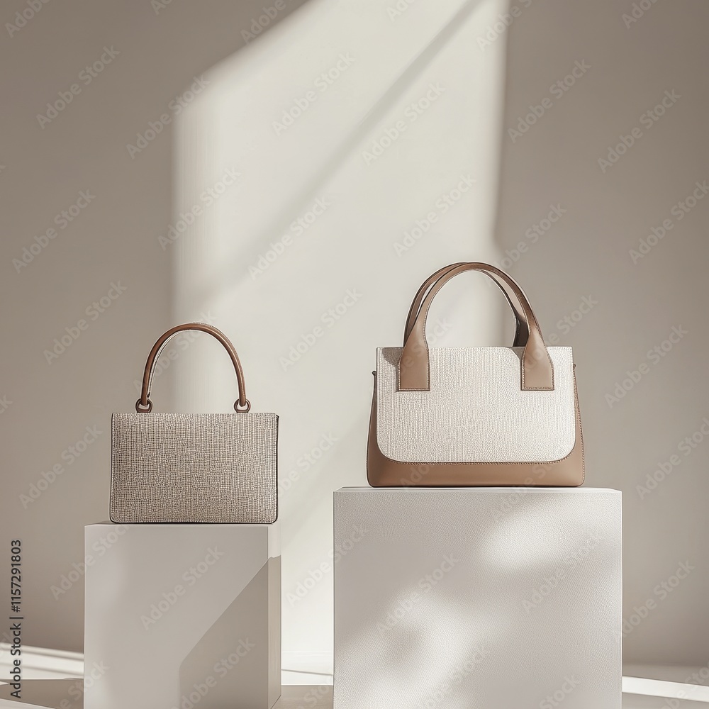 Poster stylish display of modern handbags on pedestals in a minimalist setting with soft natural light crea