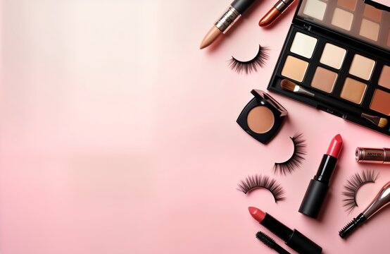 Top view beauty products. Makeup essentials like contouring palette lipstick false eyelashes makeup brushes mascara, eyeshadow arranged on pastel pink background. Image for beauty product companies, - Powered by Adobe