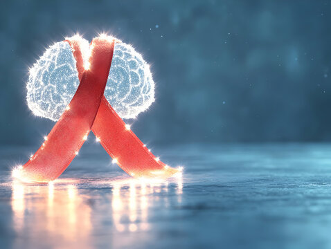 Glowing brain wrapped in red ribbon, symbolizes awareness, support, and hope for brain health.