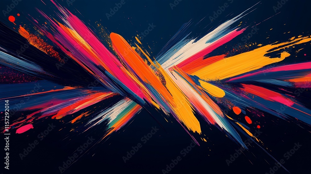 Poster energetic brush stroke explosion with bright colors on deep blue background : generative ai