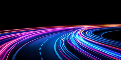 The motion trails of cars, captured with long exposure, create a background of speed light streaks and blurred fast-moving light effects on city roads, showcasing racing cars' dynamic flash effects.