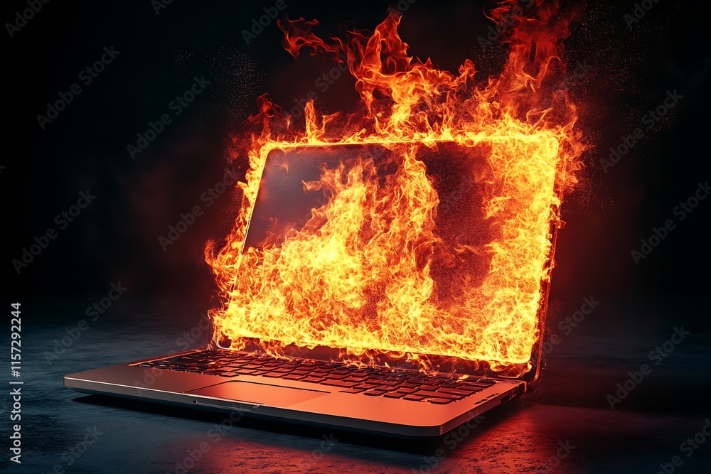 Poster laptop engulfed in flames symbolic of overheating and technology failure : generative ai