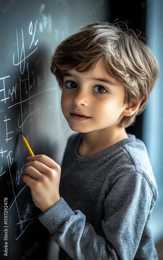 Poster inquisitive child engrossed in solving problems on chalkboard : generative ai