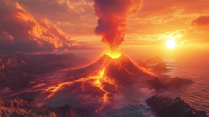 Naklejka premium Intense molten lava crater with smoke and sunset view