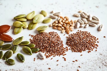 Colorful assortment of seeds arranged artistically on textured s