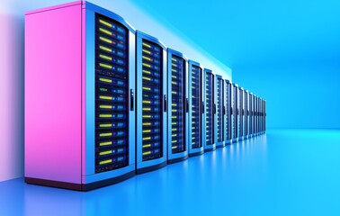 Obraz premium Light speed motion blur in a straight line, simulating data transfer, contemporary data center with blue hues.