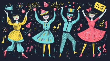 Joyful Friends Celebrate Festive Party Night Fireworks Music
