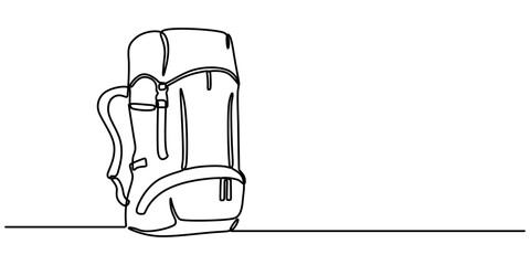 Continuous one line drawing backpack. Camping backpack vector hand drawn silhouette clipart. Sketch isolated on white background, Single continuous line drawing of camping backpack for travel and tour