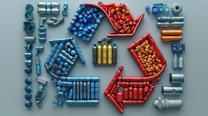 Plastic recycling symbol formed with various plastic items.