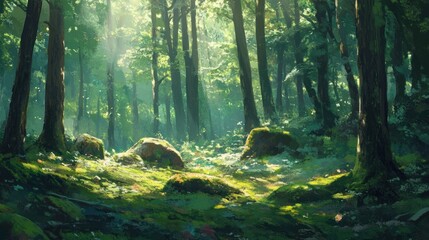 Obraz premium Sunlit forest scene with mossy rocks and lush greenery.