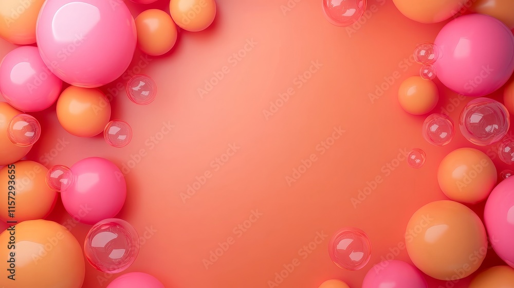 Poster Colorful Arrangement of Spheres and Bubbles on a Vibrant Background Creates a Playful and Dynamic Visual Effect Ideal for Design Projects