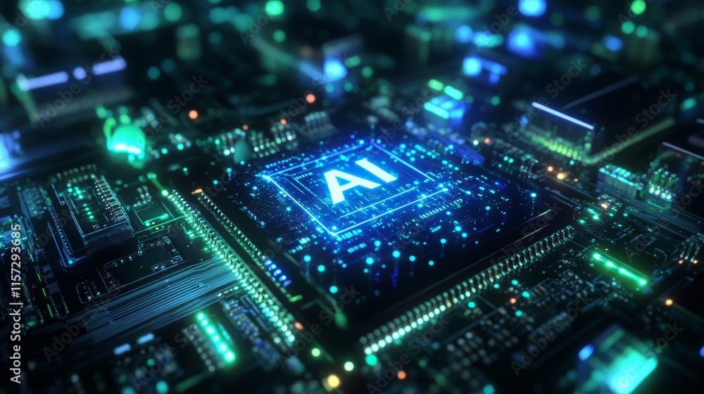 Poster exploring advanced technology through a close-up of a circuit board illuminated by vibrant blue and 