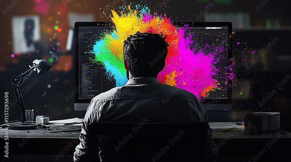 Aufkleber Programmer Immersed in Vibrant Coding Environment with Exploding Splash of Colors on Monitor : Generative AI