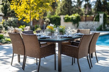 Sleek brown wicker outdoor dining set with black-framed armchair, five chairs, and rectangular table for six. Glass top and modern design in poolside garden setting.
