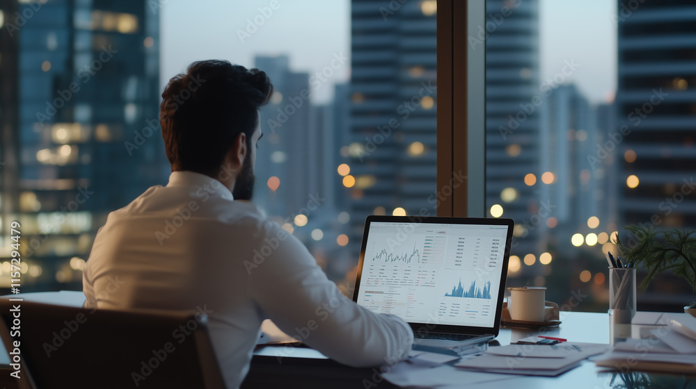 Poster professional man working on laptop while analyzing data in a modern office with city skyline view at