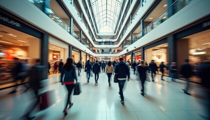 Many people walk inside modern shopping mall. Blurred motion suggests busy shopping day. Shoppers carry shopping bags. Stores with displays visible along walkways. Large interior space with multiple