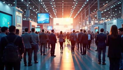 Large group of professionals network in noisy convention hall at tech conference. Attendees in formal attire standing, talking. Innovation, new tech highlighted. Event full of energy, interaction.
