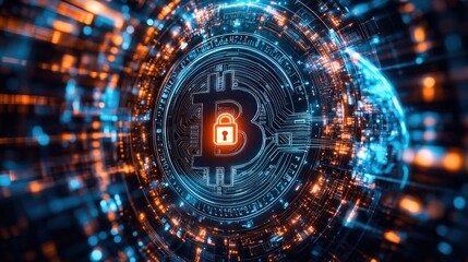 Digital wallet icon with padlock in glowing circular blockchain pattern