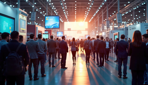Large group of professionals network in noisy convention hall at tech conference. Attendees in formal attire standing, talking. Innovation, new tech highlighted. Event full of energy, interaction.