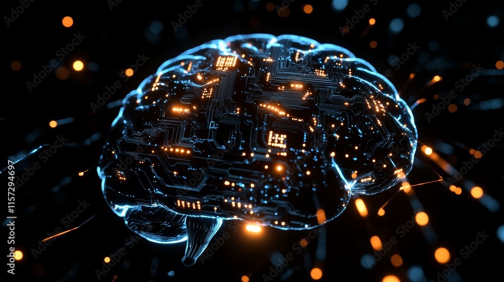 Poster exploration of the digital brain concept highlighting neural circuitry illuminated with vibrant ligh