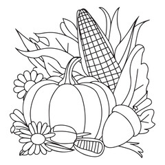 Autumn harvest vegetable pumpkin corn acorn flowers Autumn Fall season coloring illustration pages