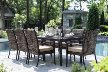 Sleek brown wicker outdoor dining set with black-framed armchair, five chairs, and rectangular table for six. Glass top and modern design in poolside garden setting.