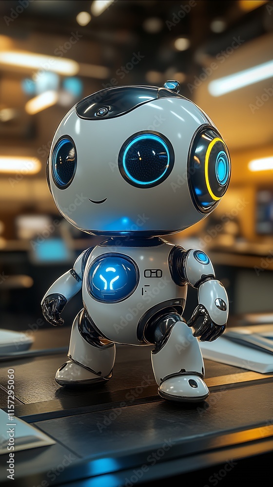 Poster adorable white robot with blue features in high tech office space : generative ai