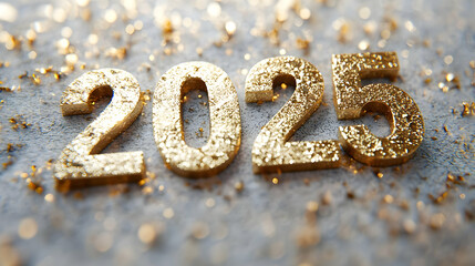 Glittery gold 2025 numerals on a grey background with sparkling confetti.