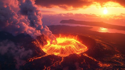 Fototapeta premium Intense molten lava crater with smoke and sunset view