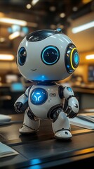Adorable White Robot with Blue Features in High Tech Office Space : Generative AI