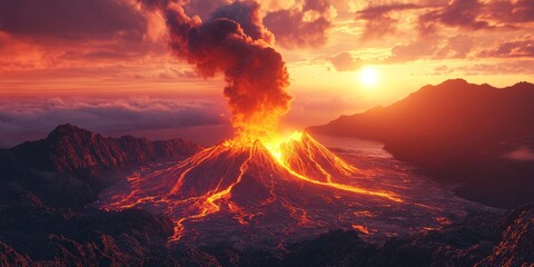 Intense molten lava crater with smoke and sunset view
