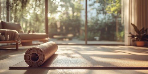 Sunlit room with yoga mat rolled out, inviting relaxation and mi