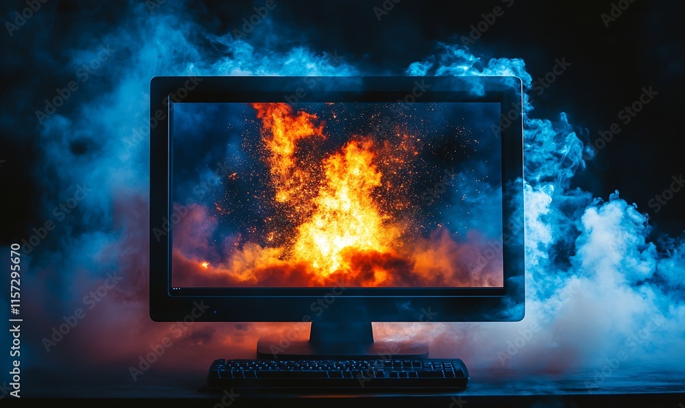 Poster Fiery Explosion on Monitor Display Highlights Cybersecurity Challenges : Generative AI