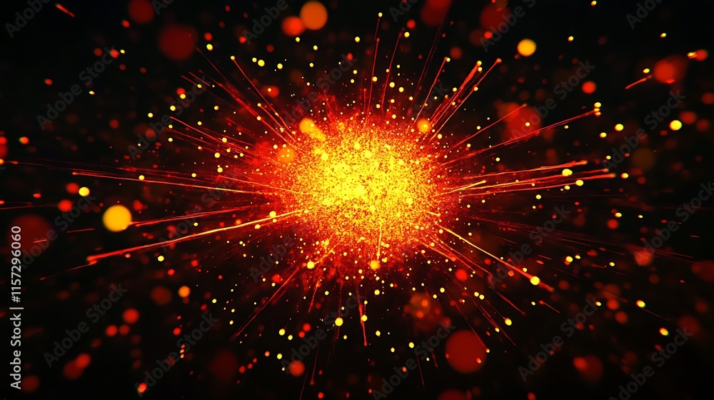 Poster energetic burst of red and yellow particles in stunning abstract digital artwork : generative ai