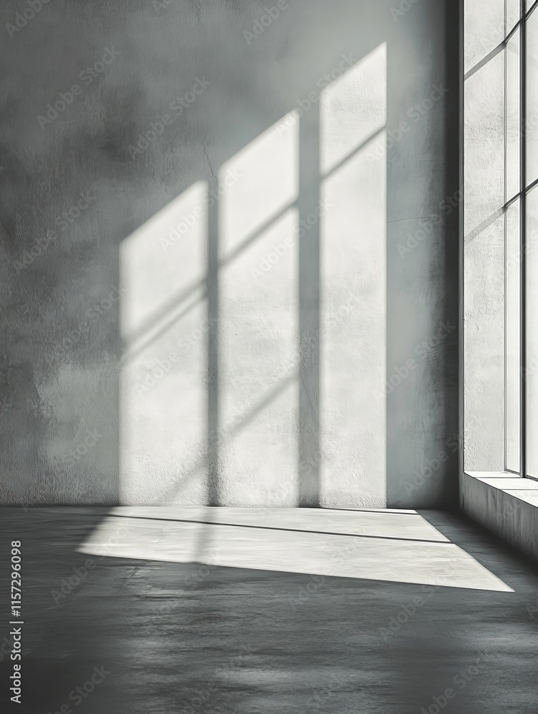 Poster sunlight creates striking shadows on a minimalist gray wall in a spacious room with large windows, e