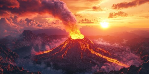 Fototapeta premium Intense molten lava crater with smoke and sunset view