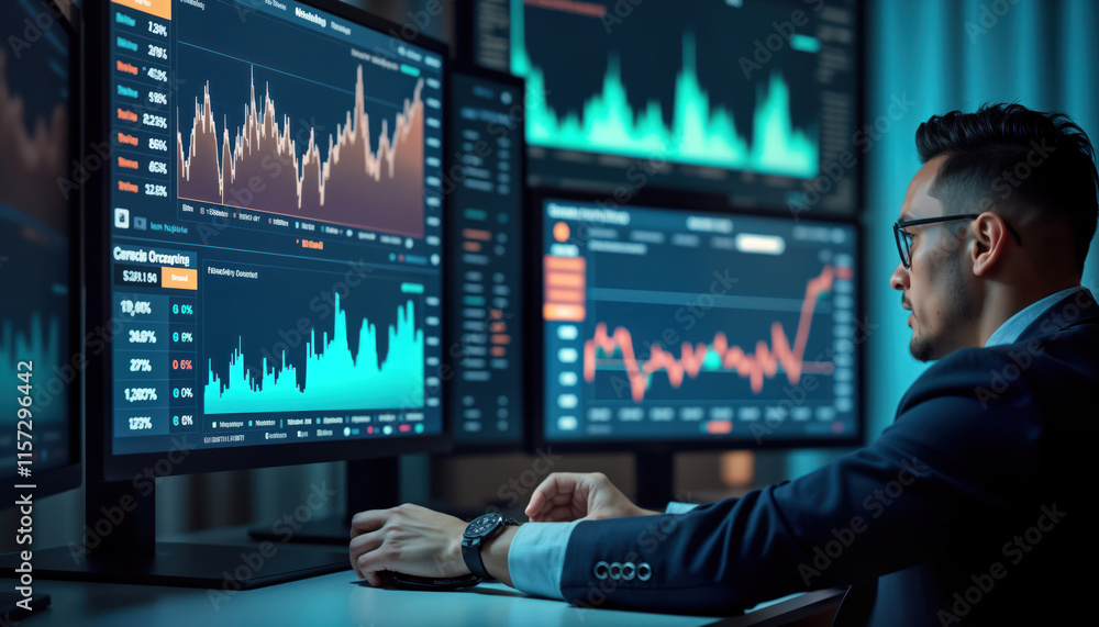 Aufkleber Man focused on multiple computer screens showing financial data, stock market charts. Analyses investment strategies, economic trends. In office environment likely late at night early in morning.